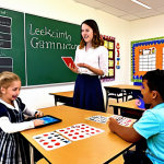 **

A colorful, whimsical classroom scene. Students are engaged in various activities: some are playing a grammar game with cards, others are writing stories using prompts, and a few are working on tablets with AI grammar checkers. The teacher is facilitating, not lecturing. The overall atmosphere is fun, interactive, and focused on learning through engagement, depicting "leksfull inlärning" (playful learning).

**