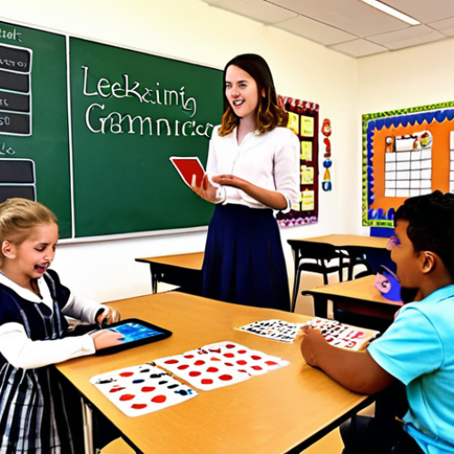 **

A colorful, whimsical classroom scene. Students are engaged in various activities: some are playing a grammar game with cards, others are writing stories using prompts, and a few are working on tablets with AI grammar checkers. The teacher is facilitating, not lecturing. The overall atmosphere is fun, interactive, and focused on learning through engagement, depicting "leksfull inlärning" (playful learning).

**