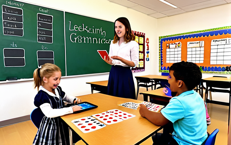 **
A colorful, whimsical classroom scene. Students are engaged in various activities: some are playing a grammar game with cards, others are writing stories using prompts, and a few are working on tablets with AI grammar checkers. The teacher is facilitating, not lecturing. The overall atmosphere is fun, interactive, and focused on learning through engagement, depicting "leksfull inlärning" (playful learning).
**