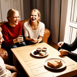 **A cozy Swedish "språkcirkel" (language circle) in a warmly lit living room.  Friends are gathered around a coffee table, laughing and chatting. Fika is on the table. Focus on a relaxed and encouraging atmosphere.**