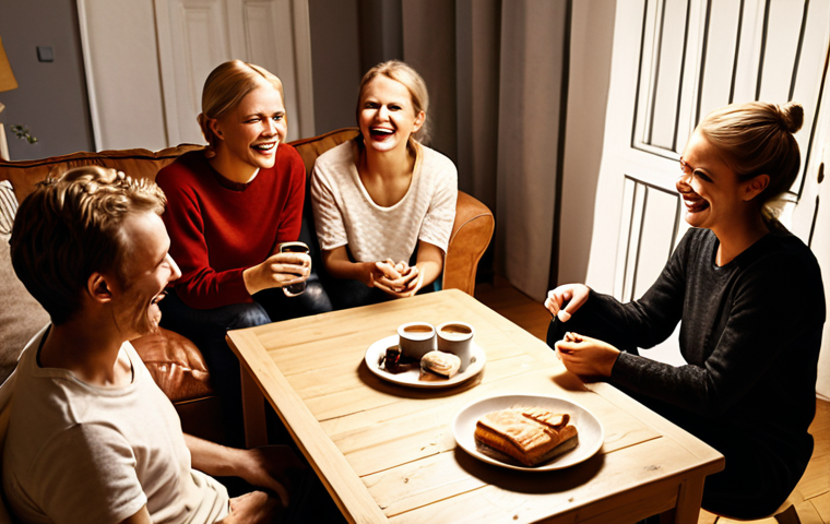 **A cozy Swedish "språkcirkel" (language circle) in a warmly lit living room.  Friends are gathered around a coffee table, laughing and chatting. Fika is on the table. Focus on a relaxed and encouraging atmosphere.**